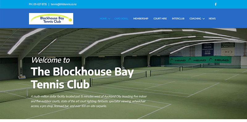 The website home page for The Blockhouse bay Tennis Club, www.bhbtennis.co.nz