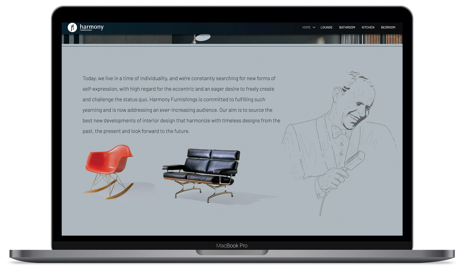 Harmony Furnishings website on a MacBook Pro