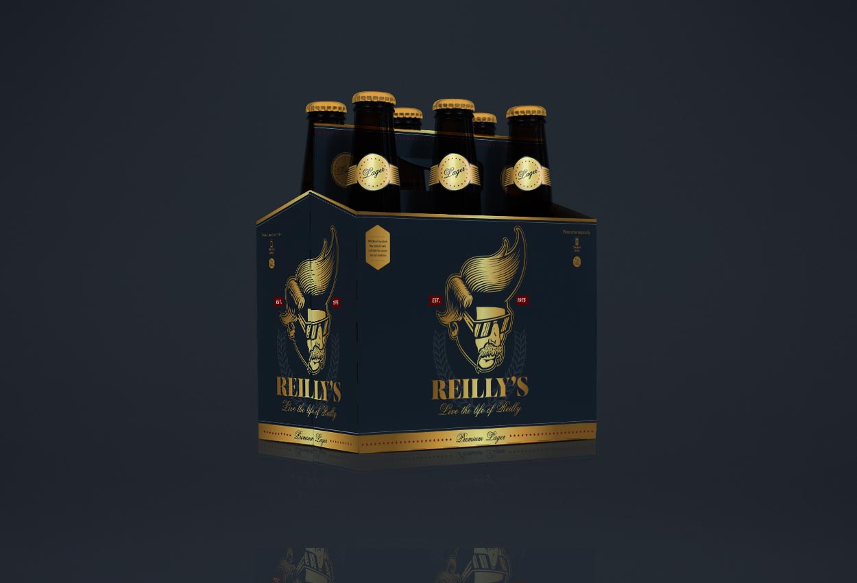 Reilly's Beer packaging, showing bottle design and six-pack box design
