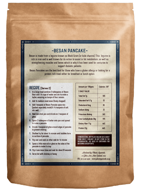 The back of Prana Chit's packaging for their Besan Pancakes product.