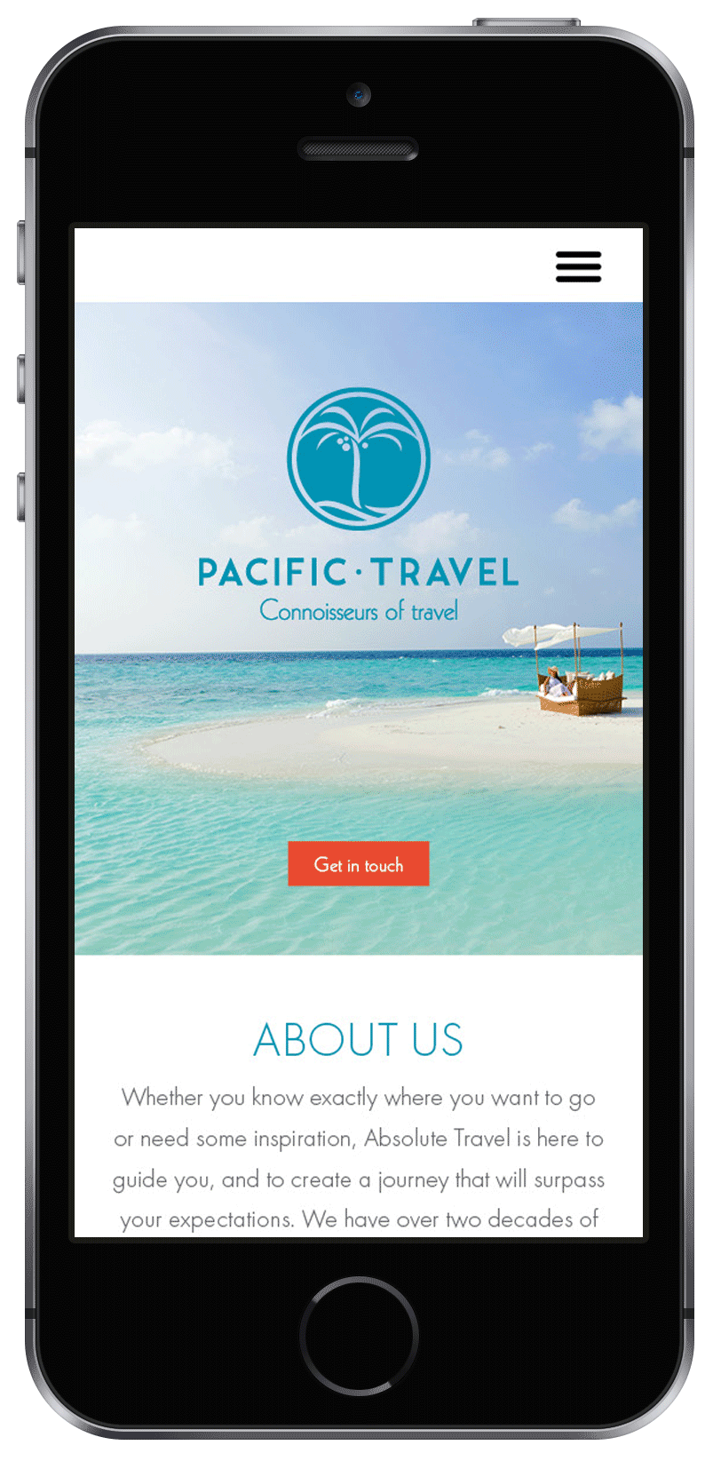 Pacific Travel website for small devices, shown on an I-Phone.